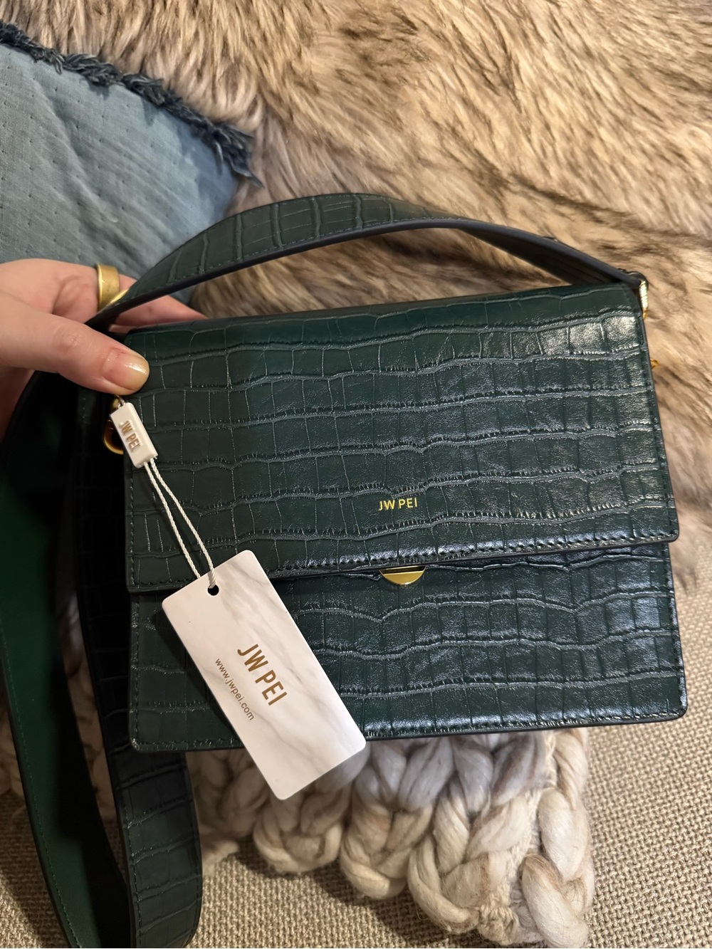 JW PEI Dark Green Croc-Embossed Top Handle Satchel